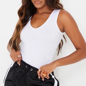 Basic White Jersey Plunge Neck Thong Body Suit